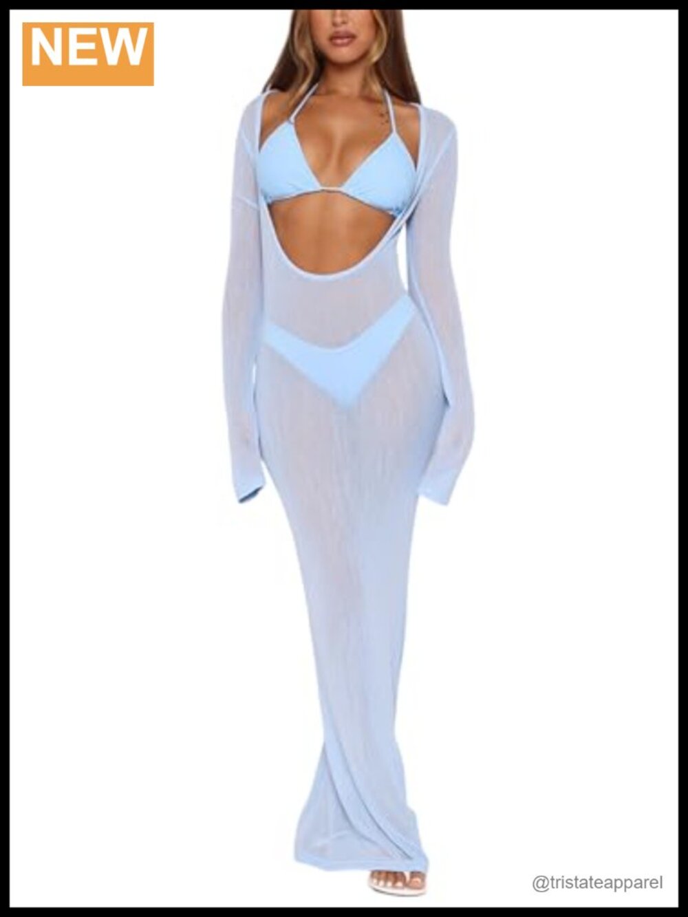 3 Piece Bikini Set with Sheer Mesh Maxi Cover Up Dress Halter Triangle Top